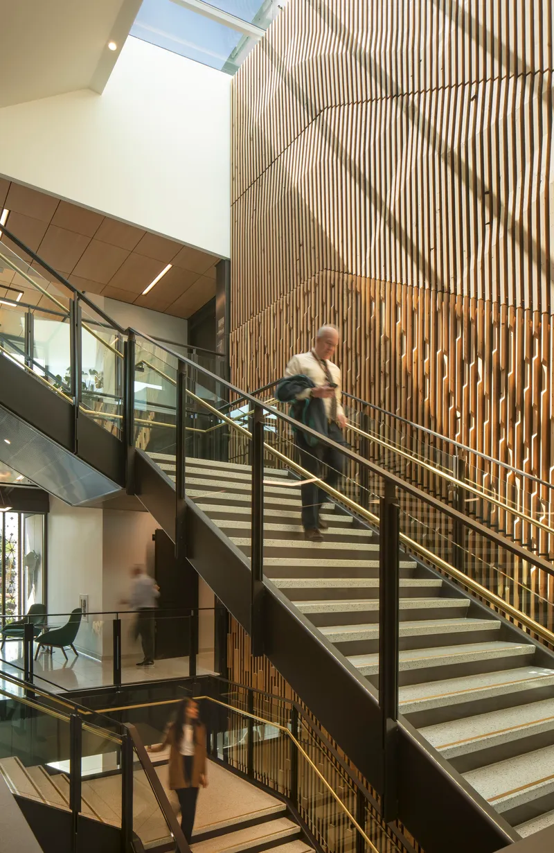 Central staircase ascending past a curved vertical timber slat wall beneath a skylight