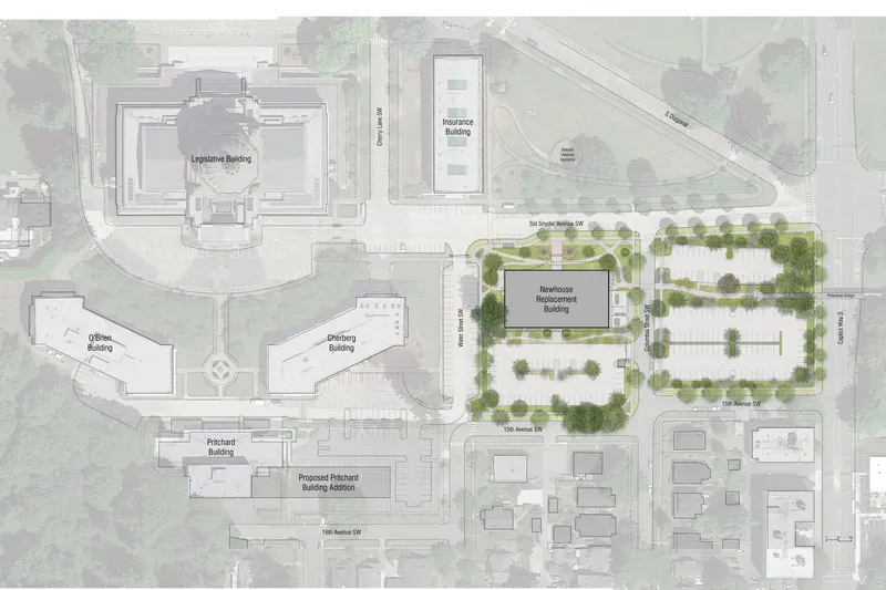 Site plan drawing showing existing campus buildings and proposed parking area with tree plantings