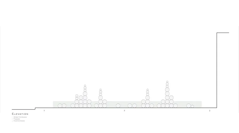 Elevation drawing depicting stacked circular forms of varying heights along a horizontal datum line