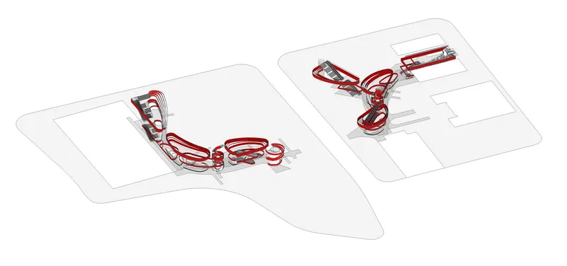 Axonometric diagram highlighting red circulation paths looping through two interconnected floor plates