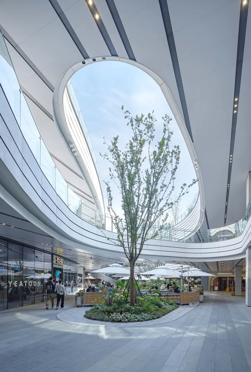 Interior courtyard with oval skylight opening, central tree, dining tables and curved white balcony edges