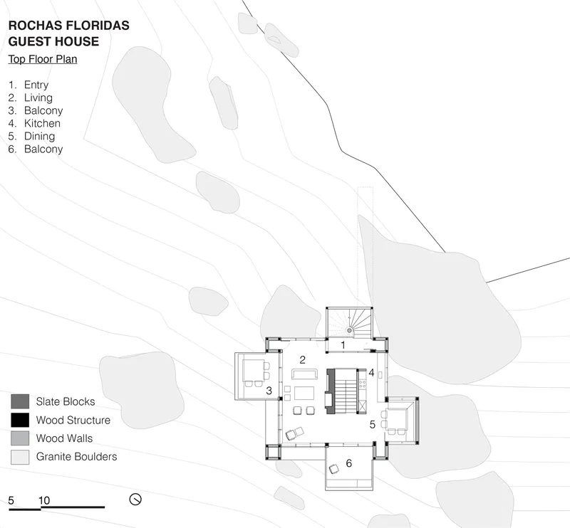 Upper floor plan showing living spaces, kitchen, and balconies with material legend indicating wood and slate construction