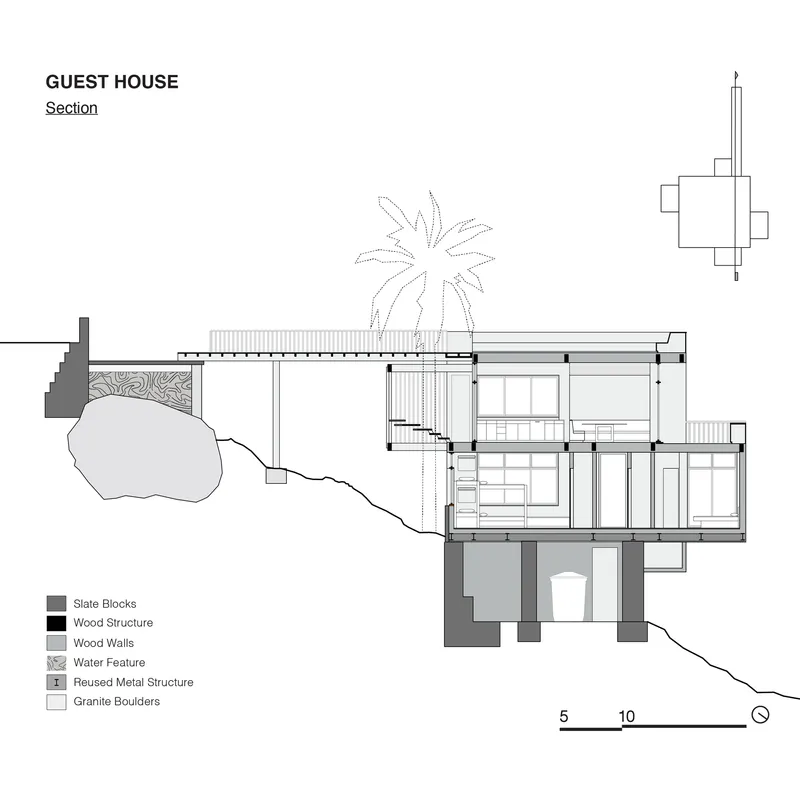Section drawing revealing multi-level structure stepping down hillside with palm tree and water feature indicated