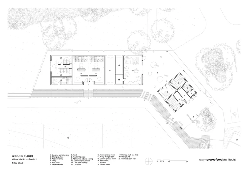 Ground floor plan drawing showing two rectangular pavilions with rooms and surrounding landscape