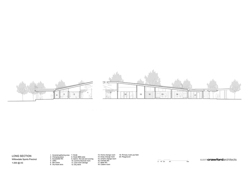 Long section drawing showing the low-pitched roof profile and interior spaces with trees in silhouette
