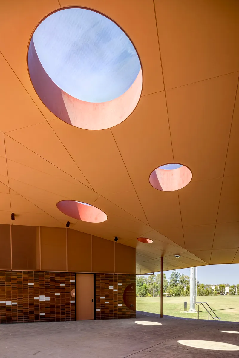 Series of circular skylights with pink and purple edges puncturing the timber panel ceiling