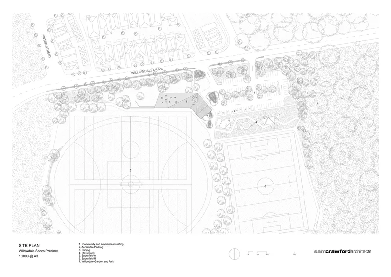 Site plan drawing showing sports fields, parking, and building clusters among tree canopies