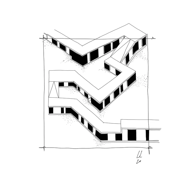 Axonometric drawing showing a multi-level structure with angular volumes and clerestory windows