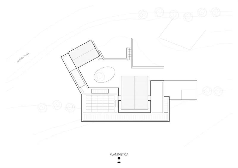 Site plan drawing showing building footprints with an oval pool and surrounding trees