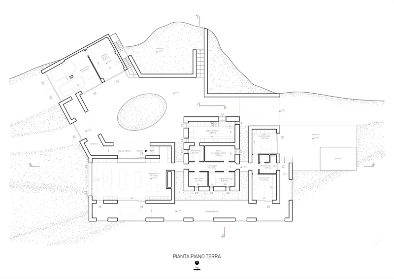 Ground floor plan drawing showing interior room divisions with an oval pool and topographic contours