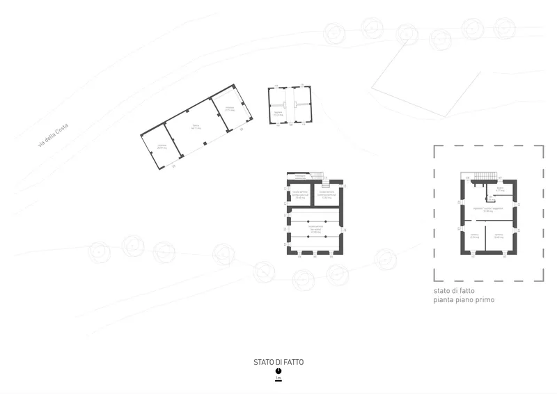 Site layout drawing showing four separate building footprints scattered across the property