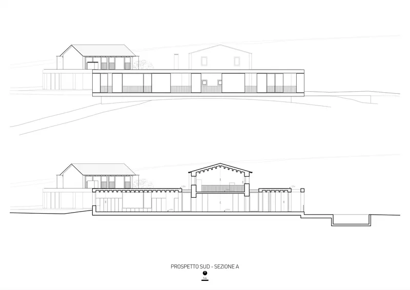 Section drawing showing a horizontal volume with glazed openings and gabled forms above the main structure