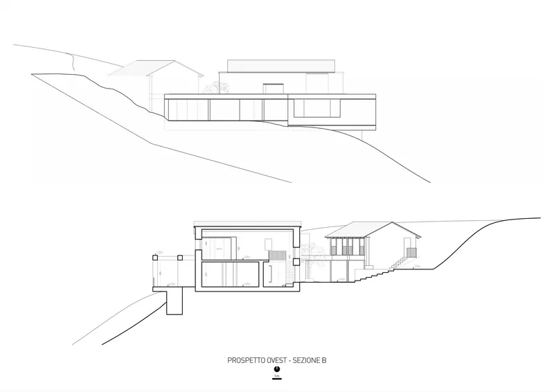 Section drawing illustrating the building stepping across a sloped terrain with varied roof forms