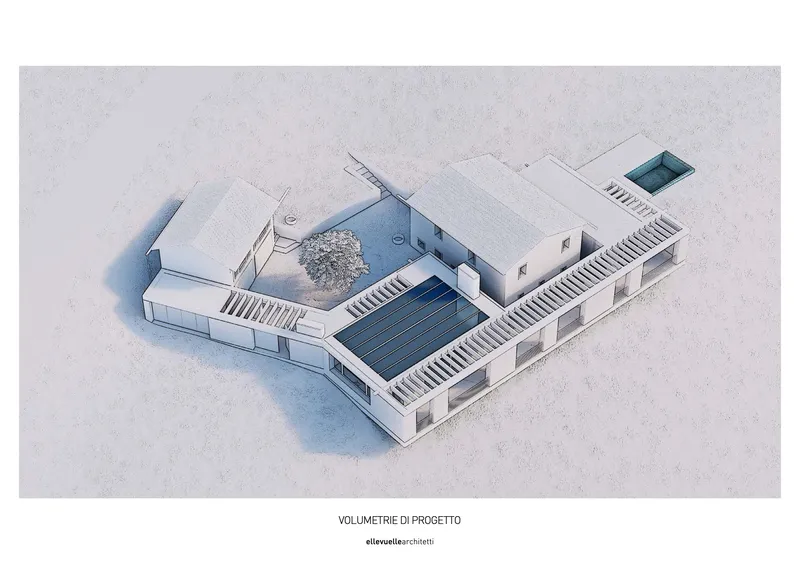 Axonometric rendering of the building massing with pergola-covered walkways surrounding a central courtyard pool