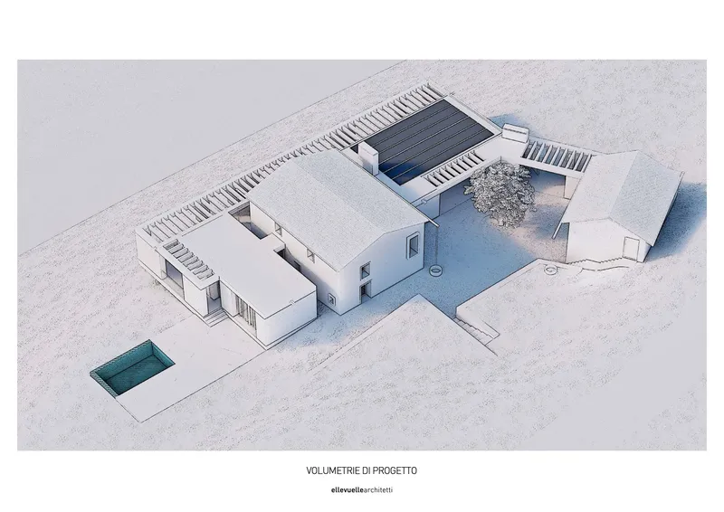 Axonometric view showing the white volumes and dark solar panels over a courtyard with a single tree