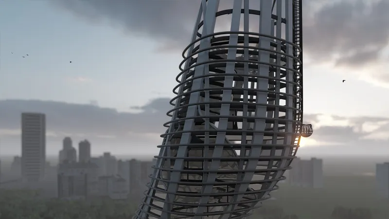 Close-up of the exoskeleton structure showcasing tensile systems and adaptive high-rise engineering.