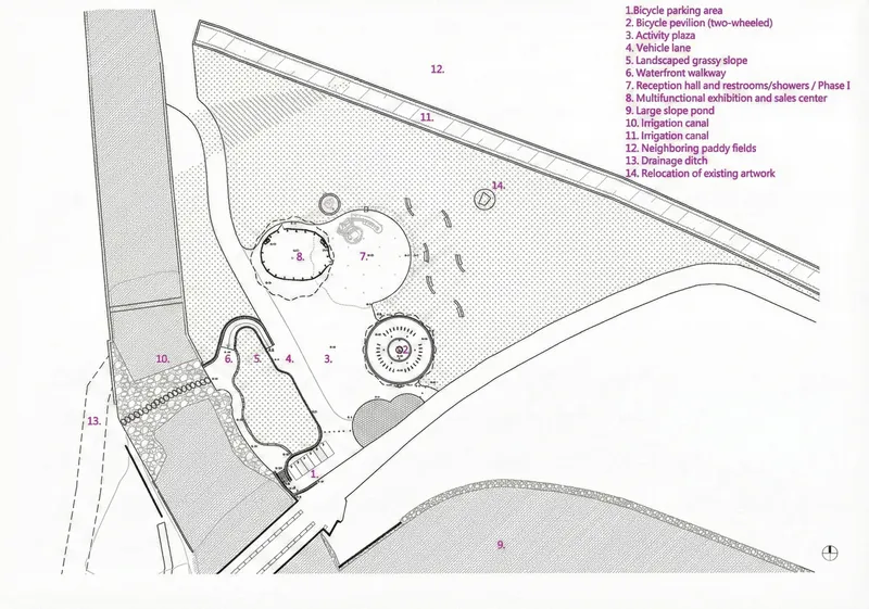 Site plan drawing showing circular pavilions, pathways, ponds and irrigation canals within a triangular plot
