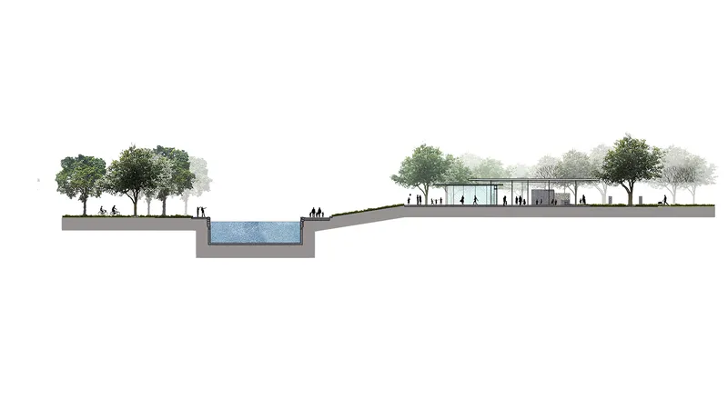 Section drawing showing a pavilion with trees, figures and a sunken water feature