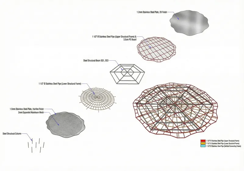 Axonometric drawing illustrating layered structural components including steel frames, mesh and roof finish