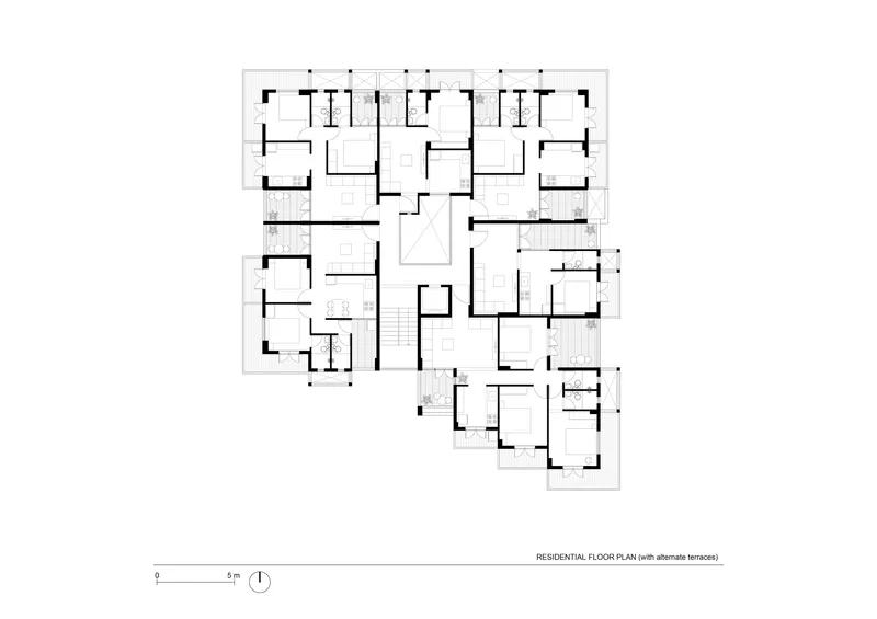 Residential floor plan drawing with alternate terraces showing symmetrical arrangement of units around central circulation core