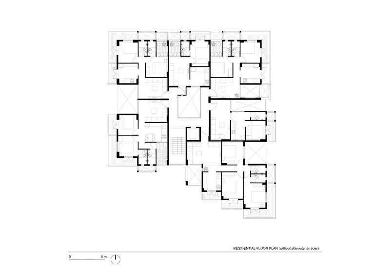 Residential floor plan drawing without alternate terraces showing symmetrical arrangement of units around central circulation core