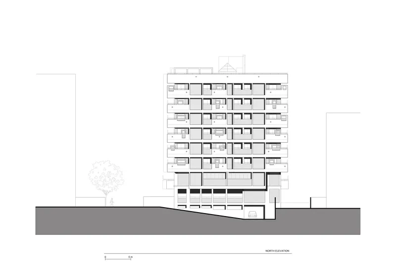 North elevation drawing of a multi-story residential building on sloping terrain with a single tree