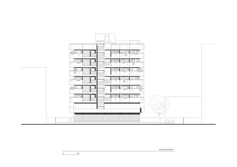 South elevation drawing of a multi-story residential building with offset massing and a single tree