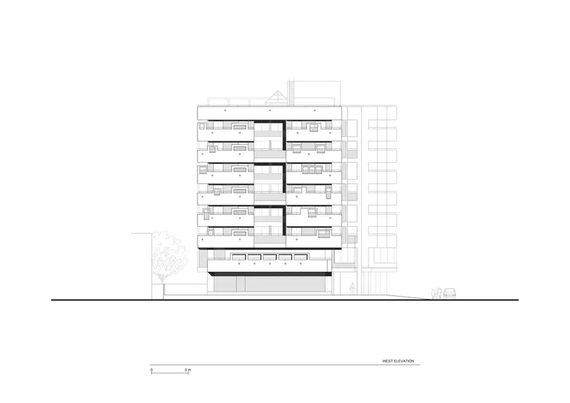 Elevation drawing of a multi-story residential building with balconies and a planted tree to the left