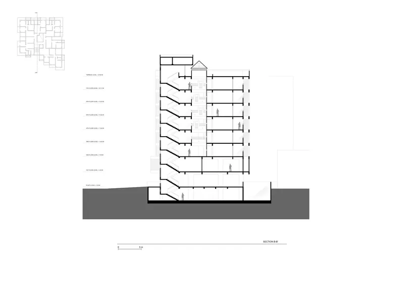 Section drawing revealing curved balconies on the left and rectangular units on the right side