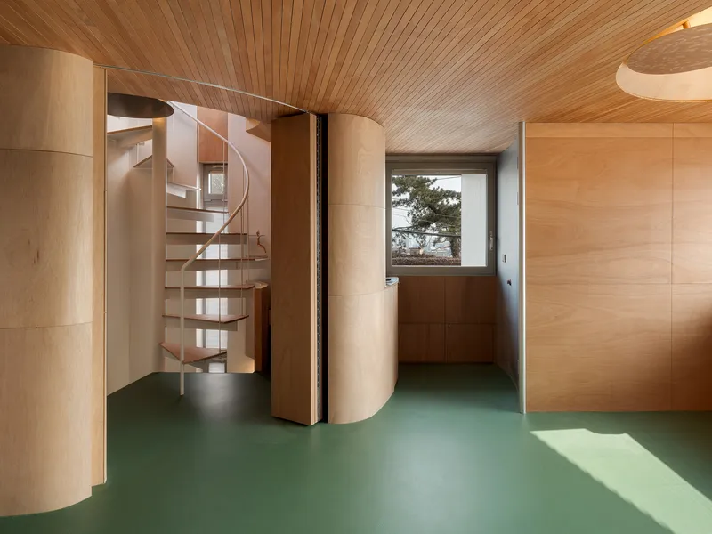 White spiral staircase visible through curved plywood wall opening beneath timber-slatted ceiling