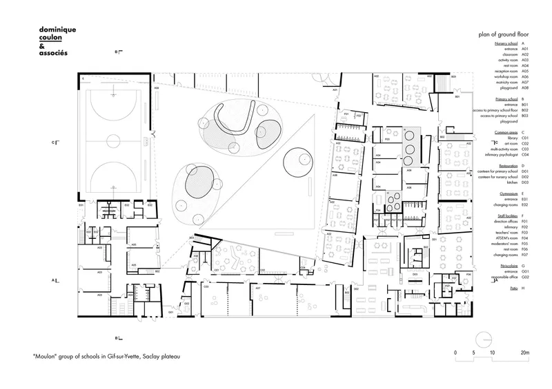 Ground floor plan drawing showing curved courtyard spaces and classroom blocks arranged around central playground