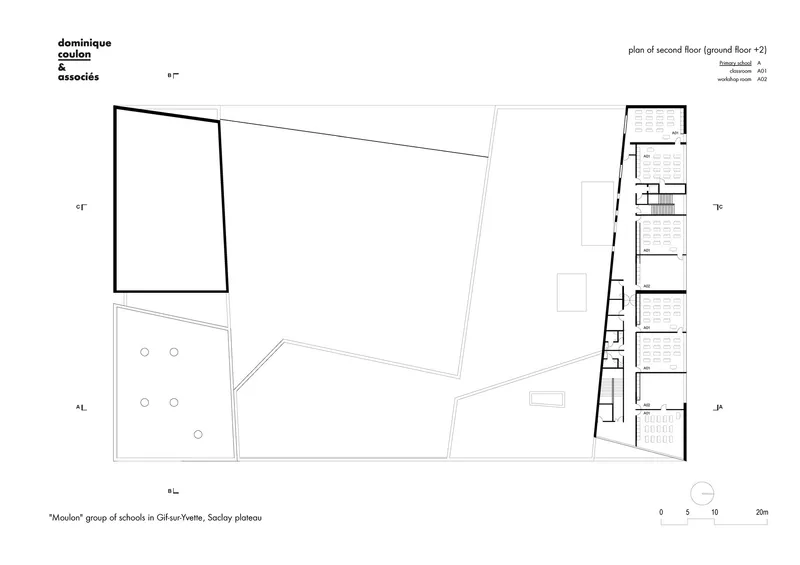 Second floor plan drawing showing reduced footprint with classrooms along one wing