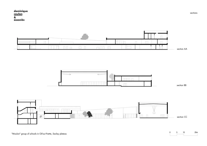 Section drawings showing the horizontal building massing with trees in the courtyard