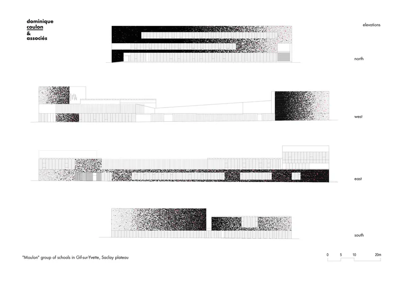 Elevation drawings showing the four facades with alternating black and white textured panels