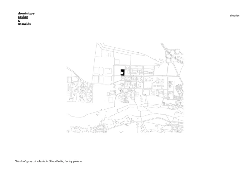 Site plan drawing showing the building footprint highlighted in black within the surrounding urban context