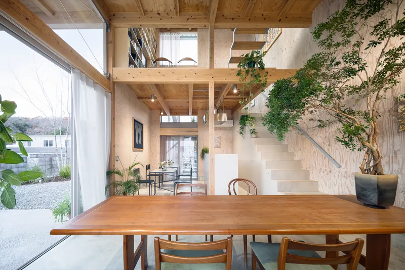 Triple-height interior with exposed timber structure, plywood walls, and potted tree beside the dining table