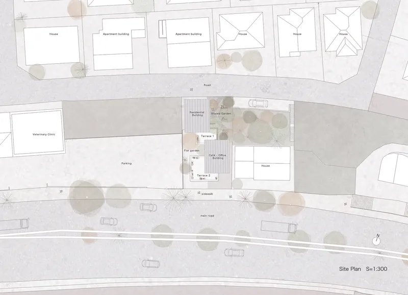 Site plan drawing showing apartment buildings, houses, terraces, shared garden, and parking along a curving main road