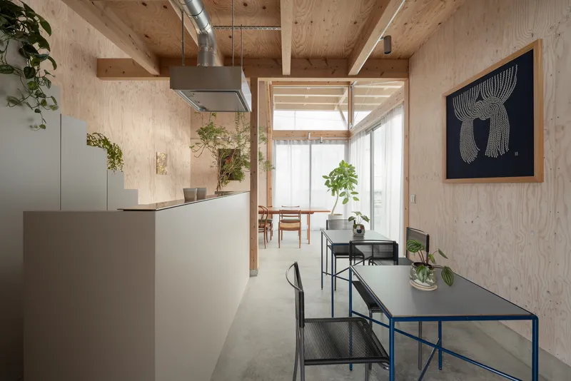 Open-plan kitchen and dining area with plywood ceiling beams, stainless steel range hood, and potted plants