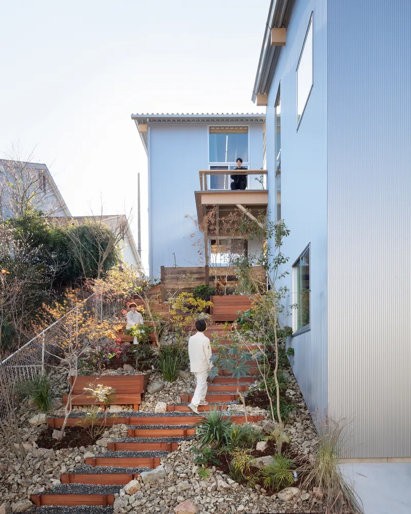 Timber staircase ascending a planted hillside with gravel beds and young trees between corrugated volumes