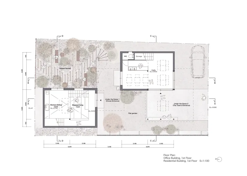 Floor plan drawing showing two volumes with workspaces and a central flat garden with trees