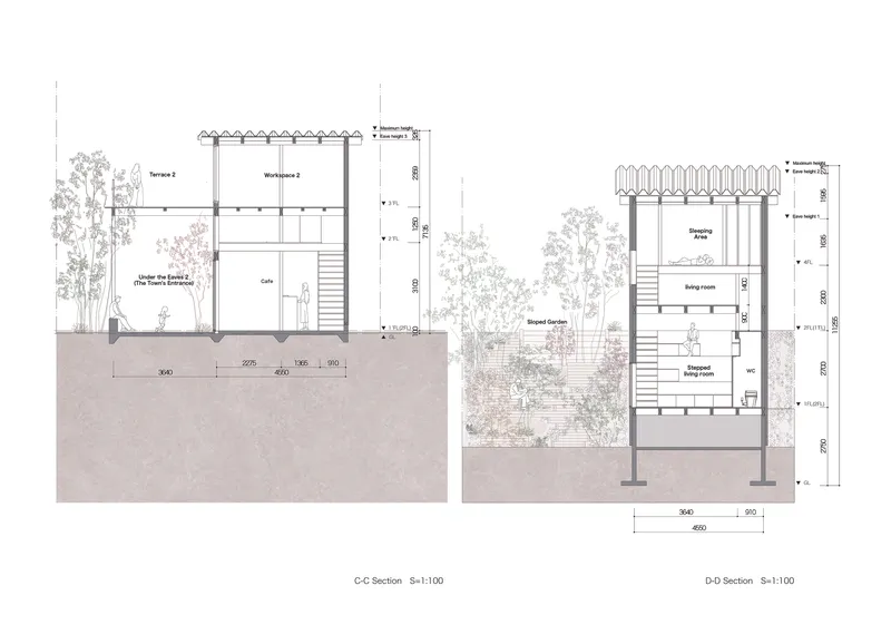 Section drawings showing workspace volumes with sloped roofs and terraces adjacent to planted gardens