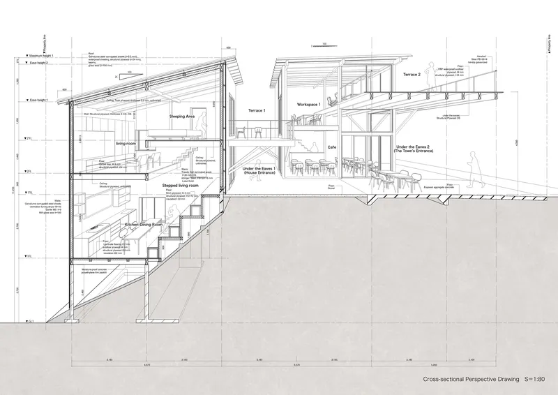 Cross-sectional perspective drawing showing interior workspaces with exposed structure and sloped roofs on grade