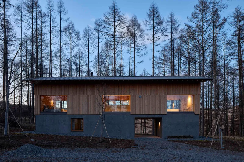 Front elevation showing timber and plaster volumes with illuminated windows among sparse winter trees