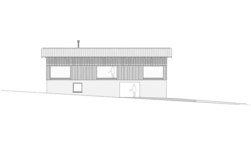 Elevation drawing showing two-story volume with vertical cladding and three upper windows