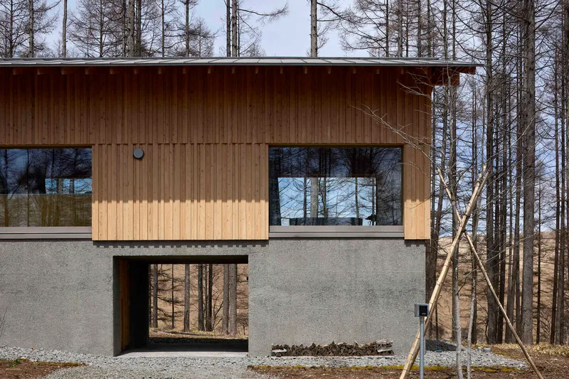 Front facade with vertical timber cladding above concrete base and young saplings staked for support