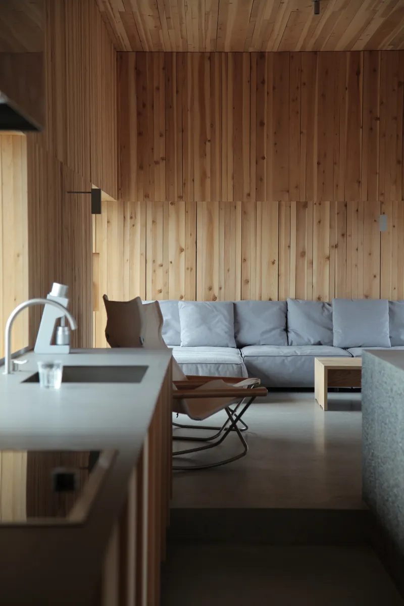 Living space with vertical timber walls, ceiling, and grey sofa in natural light