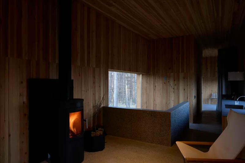 Vertical timber-clad room with black wood stove and window framing birch trees outside
