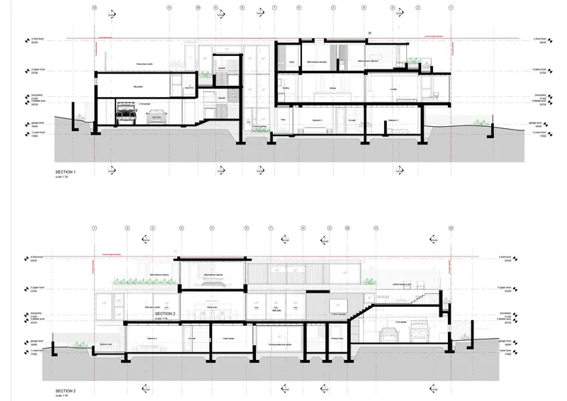 Building sections showing multi-level interior spaces, staircases, and sloped topography beneath