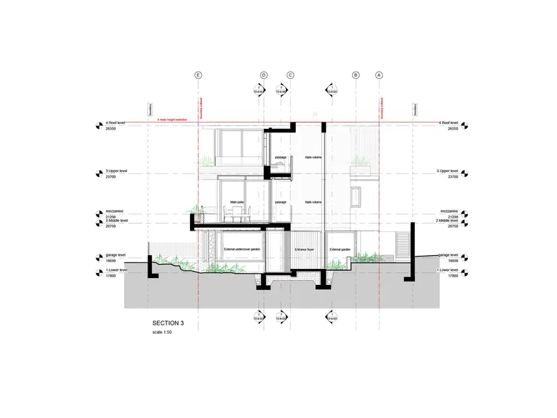 Section drawing showing split-level interior spaces with planted courtyards and stepped floor plates