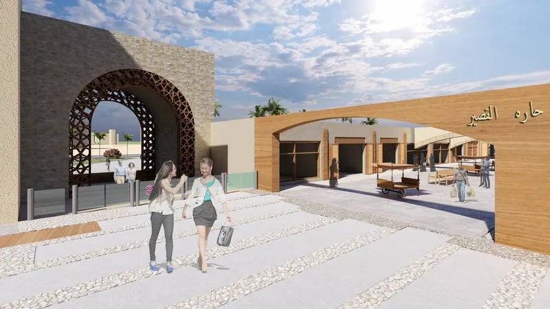 Entrance experience shaped by local materials, patterned structures, and pedestrian-focused public space.